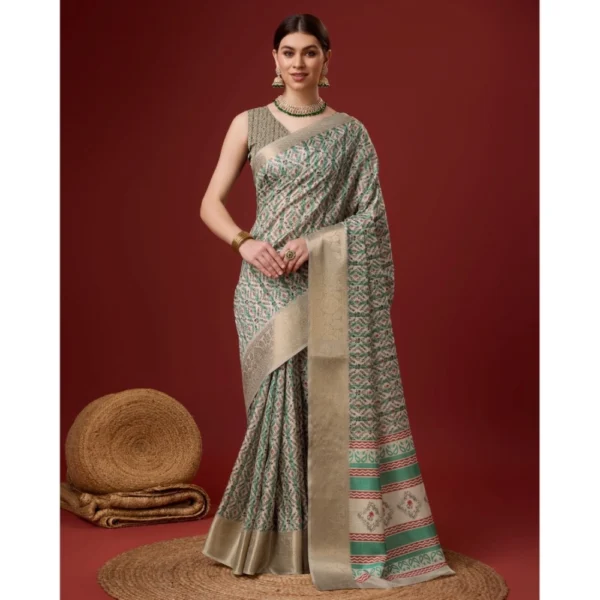 Women's Cotton Printed Saree With Unstitched Blouse 5.5Mtr (Turquoise)