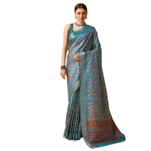 Women's Cotton Printed Saree With Unstitched Blouse 5.5Mtr (Blue)