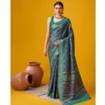 Women's Cotton Printed Saree With Unstitched Blouse 5.5Mtr (Green)