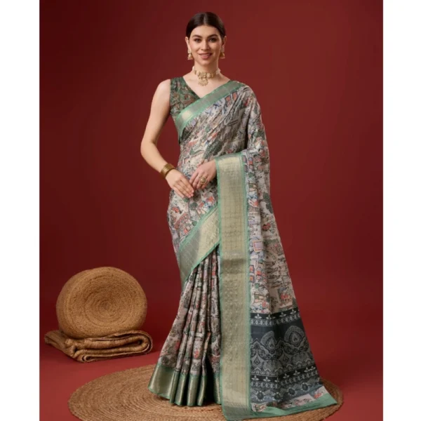 Women's Cotton Printed Saree With Unstitched Blouse 5.5Mtr (Grey)