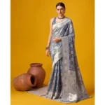 Women's Cotton Printed Saree With Unstitched Blouse 5.5Mtr (Grey)