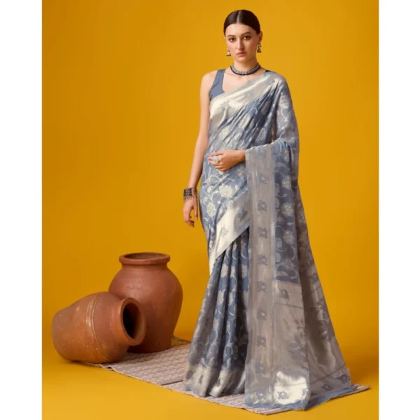 Women's Cotton Printed Saree With Unstitched Blouse 5.5Mtr (Grey)