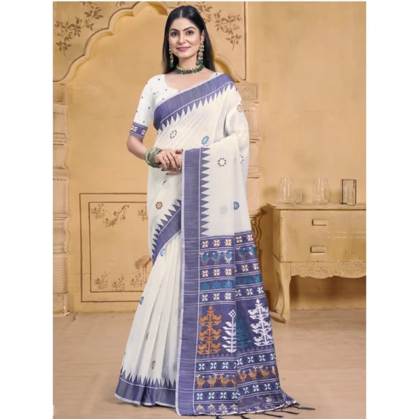 Women's Cotton Printed Saree With Unstitched Blouse 5.5Mtr (Cream)