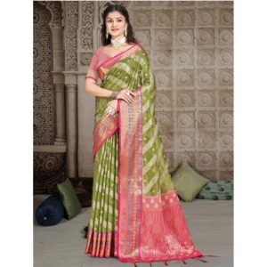 Women's Silk Woven Design Saree With Unstitched Blouse 5.5Mtr (Green)