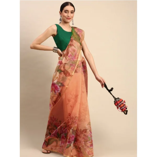 Women's Organza Printed Saree With Unstitched Blouse 5.5Mtr (Peach)