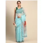 Women's Organza Printed Saree With Unstitched Blouse 5.5Mtr (Sky Blue)