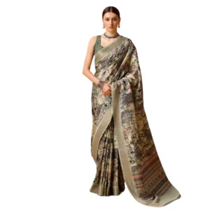 Women's Cotton Printed Saree With Unstitched Blouse 5.5Mtr (Beige-Grey)