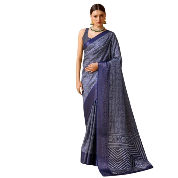 Women's Cotton Printed Saree With Unstitched Blouse 5.5Mtr (Blue)