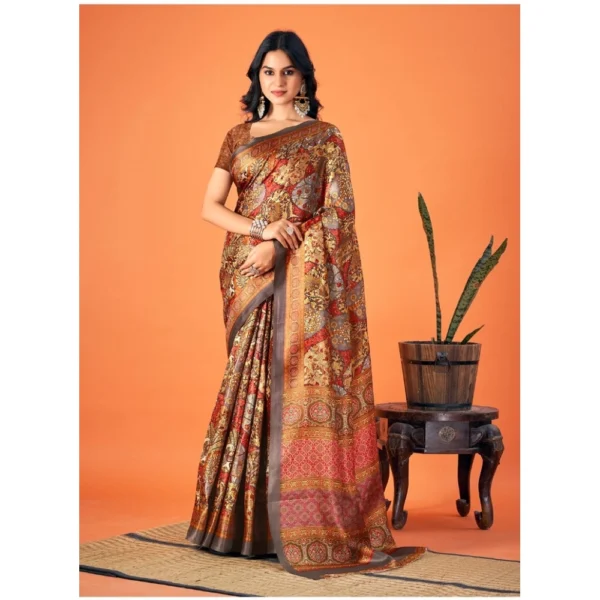 Women's Polyester Printed Saree With Unstitched Blouse 5.5Mtr (Brown)