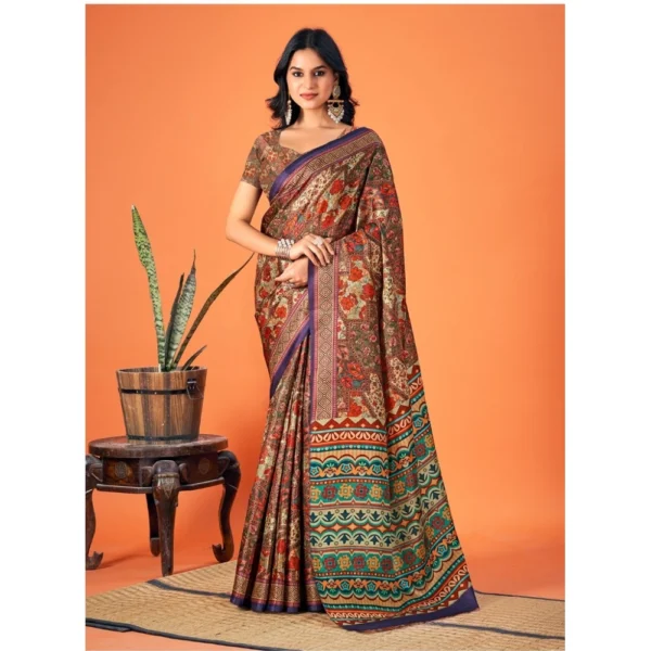 Women's Polyester Printed Saree With Unstitched Blouse 5.5Mtr (Multicolor)