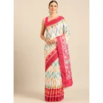 Women's Cotton Printed Saree With Unstitched Blouse 5.5Mtr (White-Pink)