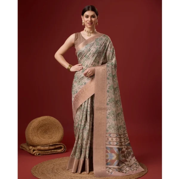 Women's Cotton Printed Saree With Unstitched Blouse 5.5Mtr (Peach)