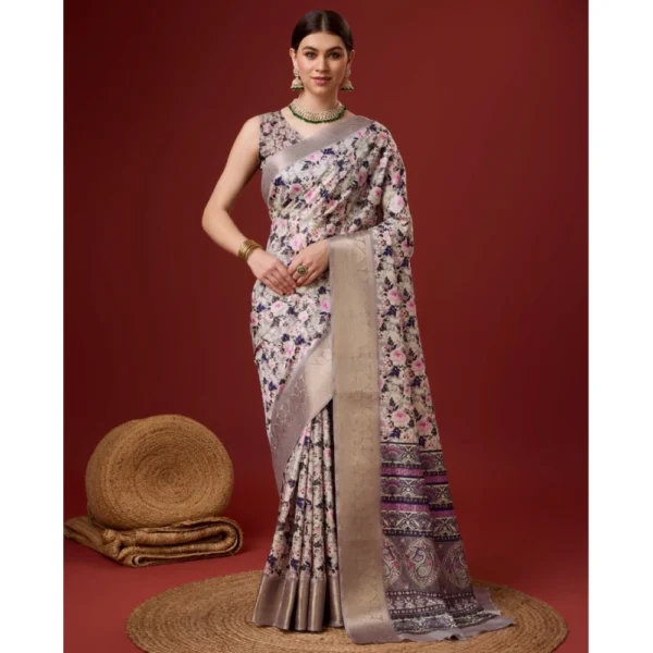 Women's Cotton Printed Saree With Unstitched Blouse 5.5Mtr (Cream)