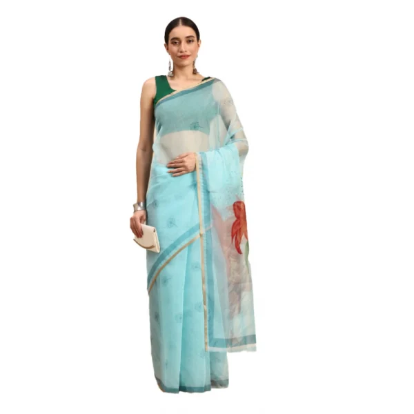 Women's Organza Printed Saree With Unstitched Blouse 5.5Mtr (Sky Blue)