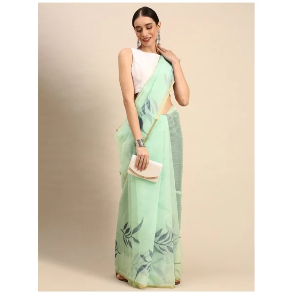 Women's Organza Floral Print Saree With Unstitched Blouse 5.5Mtr (Sea Green)