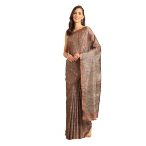 Women's Cotton Printed Saree With Unstitched Blouse 5.5Mtr (Brown-Green)