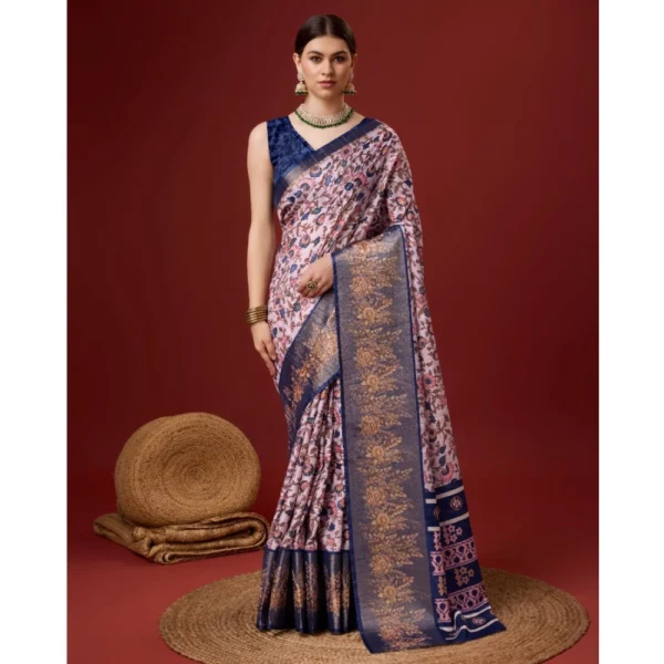 Women's Cotton Printed Saree With Unstitched Blouse 5.5Mtr (Blue)