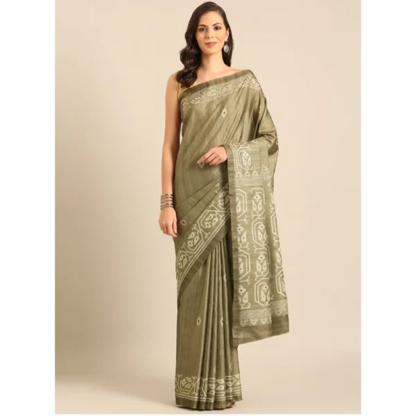 Women's Cotton Printed Saree With Unstitched Blouse 5.5Mtr (Olive-green)