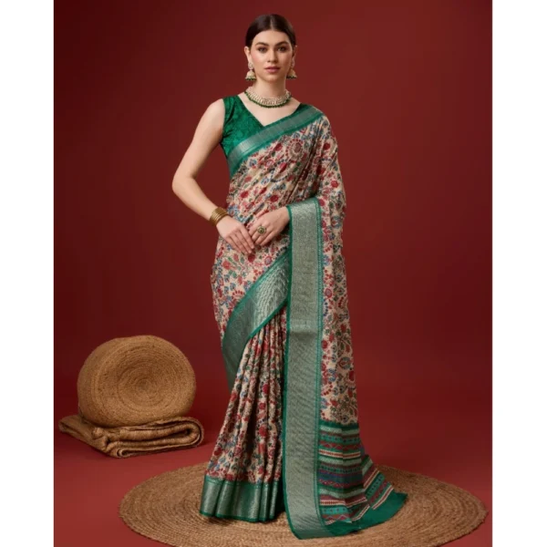 Women's Cotton Printed Saree With Unstitched Blouse 5.5Mtr (Green)