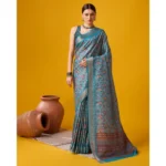 Women's Cotton Printed Saree With Unstitched Blouse 5.5Mtr (Blue)