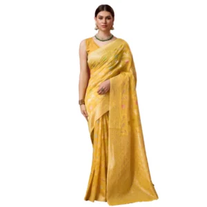 Women's Cotton Woven Design Saree With Unstitched Blouse 5.5Mtr (Yellow)