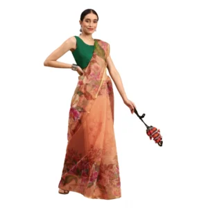 Women's Organza Printed Saree With Unstitched Blouse 5.5Mtr (Peach)