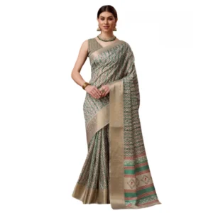 Women's Cotton Printed Saree With Unstitched Blouse 5.5Mtr (Turquoise)