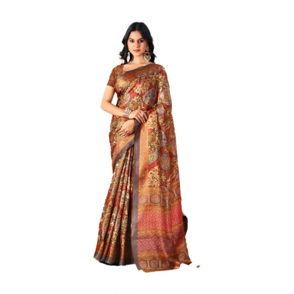 Women's Polyester Printed Saree With Unstitched Blouse 5.5Mtr (Brown)