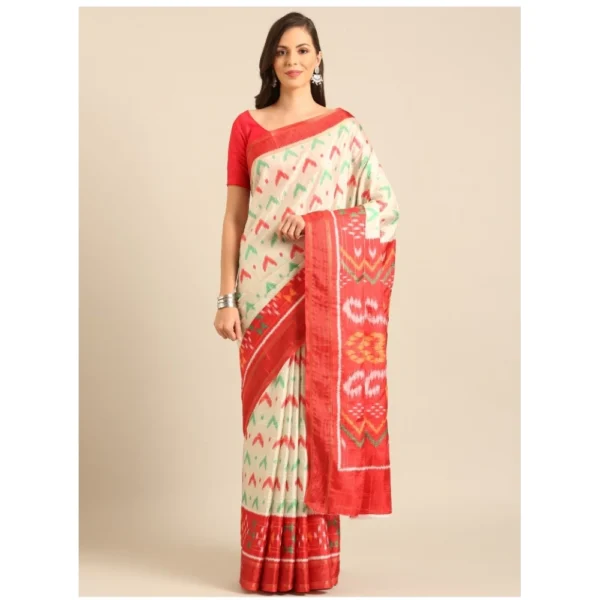 Women's Cotton Printed Saree With Unstitched Blouse 5.5Mtr (Off-white)