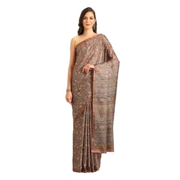 Women's Cotton Printed Saree With Unstitched Blouse 5.5Mtr (Brown-Yellow)