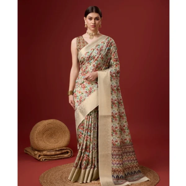 Women's Cotton Printed Saree With Unstitched Blouse 5.5Mtr (White-Red)