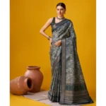 Women's Cotton Printed Saree With Unstitched Blouse 5.5Mtr (Blue)