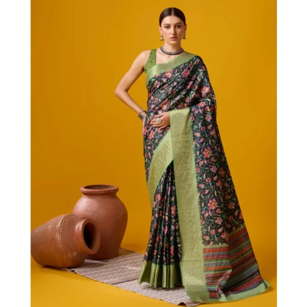 Women's Cotton Printed Saree With Unstitched Blouse 5.5Mtr (Multicolor)