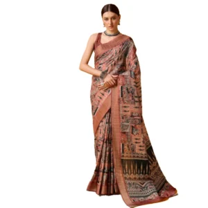 Women's Cotton Printed Saree With Unstitched Blouse 5.5Mtr (Brown)