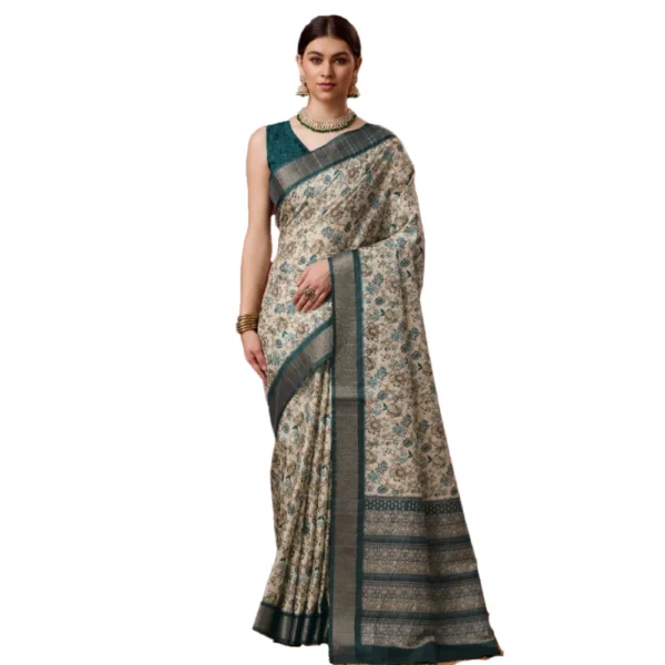 Women's Cotton Printed Saree With Unstitched Blouse 5.5Mtr (Green)