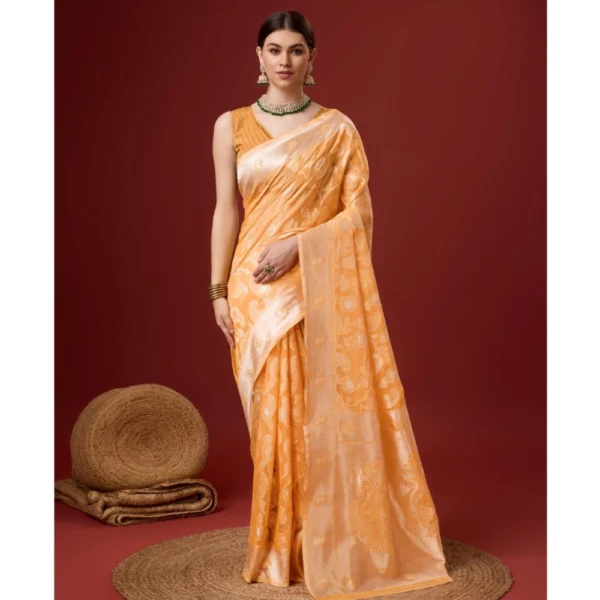 Women's Cotton Woven Design Saree With Unstitched Blouse 5.5Mtr (Orange)