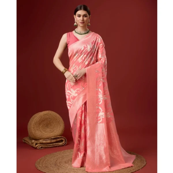 Women's Cotton Printed Saree With Unstitched Blouse 5.5Mtr (Pink)