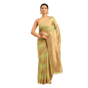 Women's Cotton Woven Design Saree With Unstitched Blouse 5.5Mtr (Light-Green)