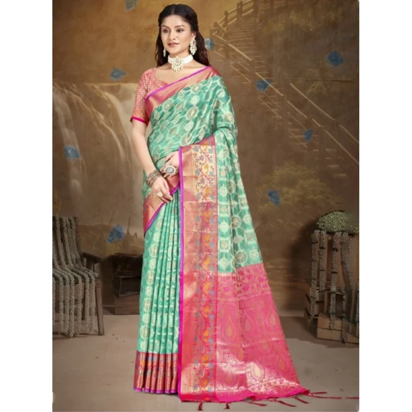 Women's Silk Woven Design Saree With Unstitched Blouse 5.5Mtr (Green)