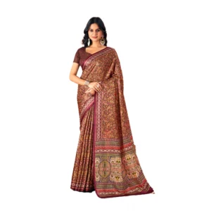 Women's Polyester Printed Saree With Unstitched Blouse 5.5Mtr (Brown)