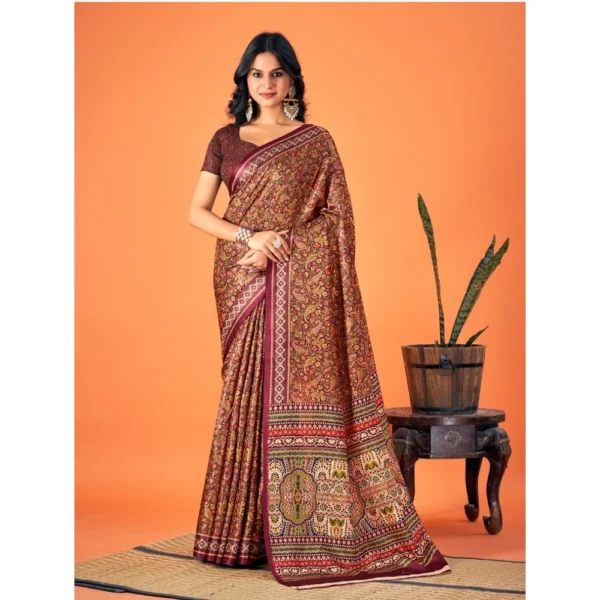 Women's Polyester Printed Saree With Unstitched Blouse 5.5Mtr (Brown)