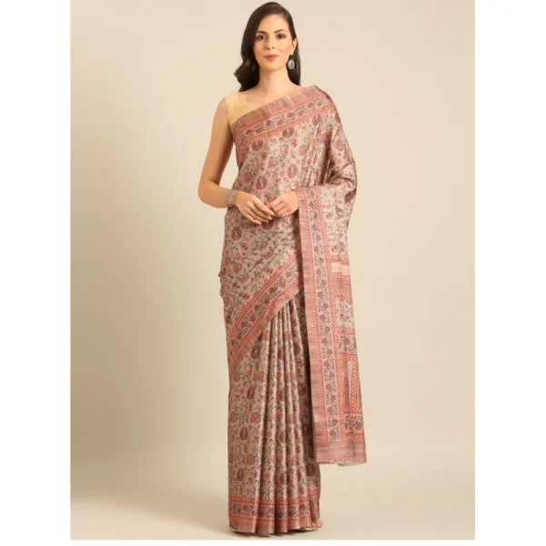 Women's Cotton Printed Saree With Unstitched Blouse 5.5Mtr (Light-Brown)