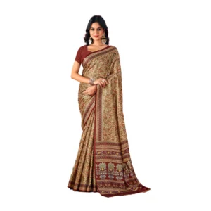 Women's Polyester Printed Saree With Unstitched Blouse 5.5Mtr (Brown)