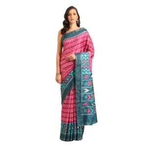 Women's Cotton Printed Saree With Unstitched Blouse 5.5Mtr (Pinl-Green)