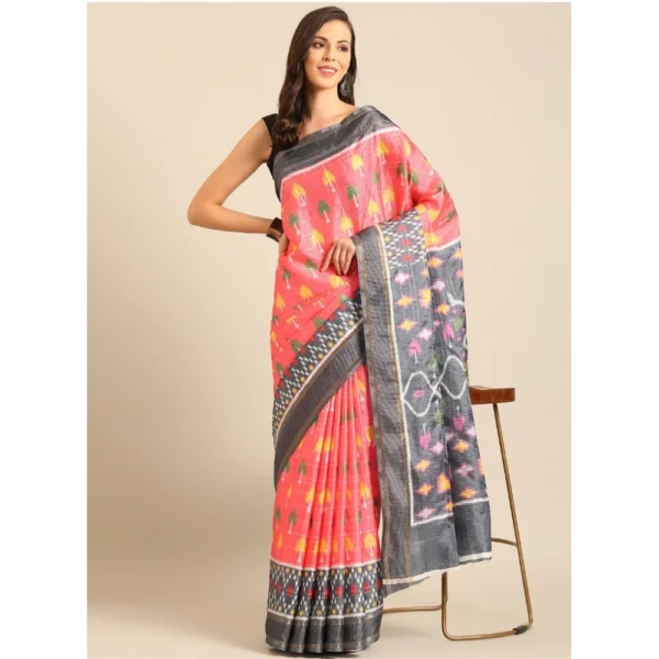 Women's Cotton Printed Saree With Unstitched Blouse 5.5Mtr (Pink-Grey)