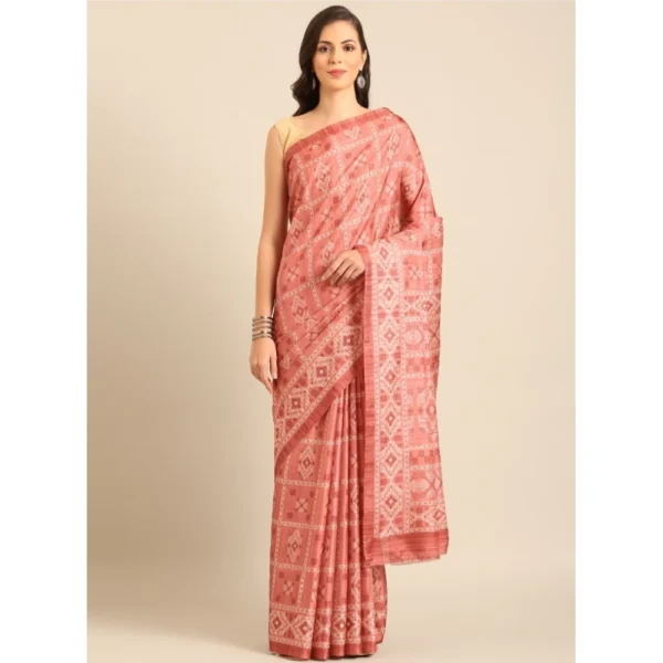 Women's Cotton Printed Saree With Unstitched Blouse 5.5Mtr (Peach)