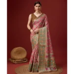 Women's Cotton Printed Saree With Unstitched Blouse 5.5Mtr (Pink)