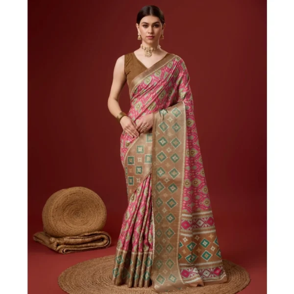 Women's Cotton Printed Saree With Unstitched Blouse 5.5Mtr (Pink)