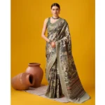 Women's Cotton Printed Saree With Unstitched Blouse 5.5Mtr (Beige-Grey)