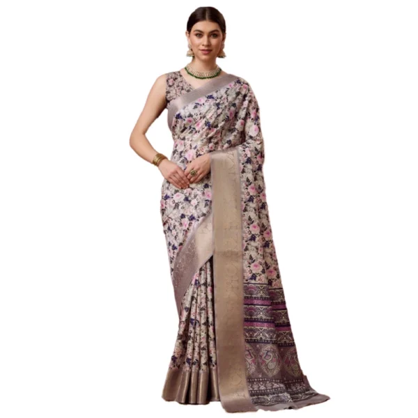 Women's Cotton Printed Saree With Unstitched Blouse 5.5Mtr (Cream)